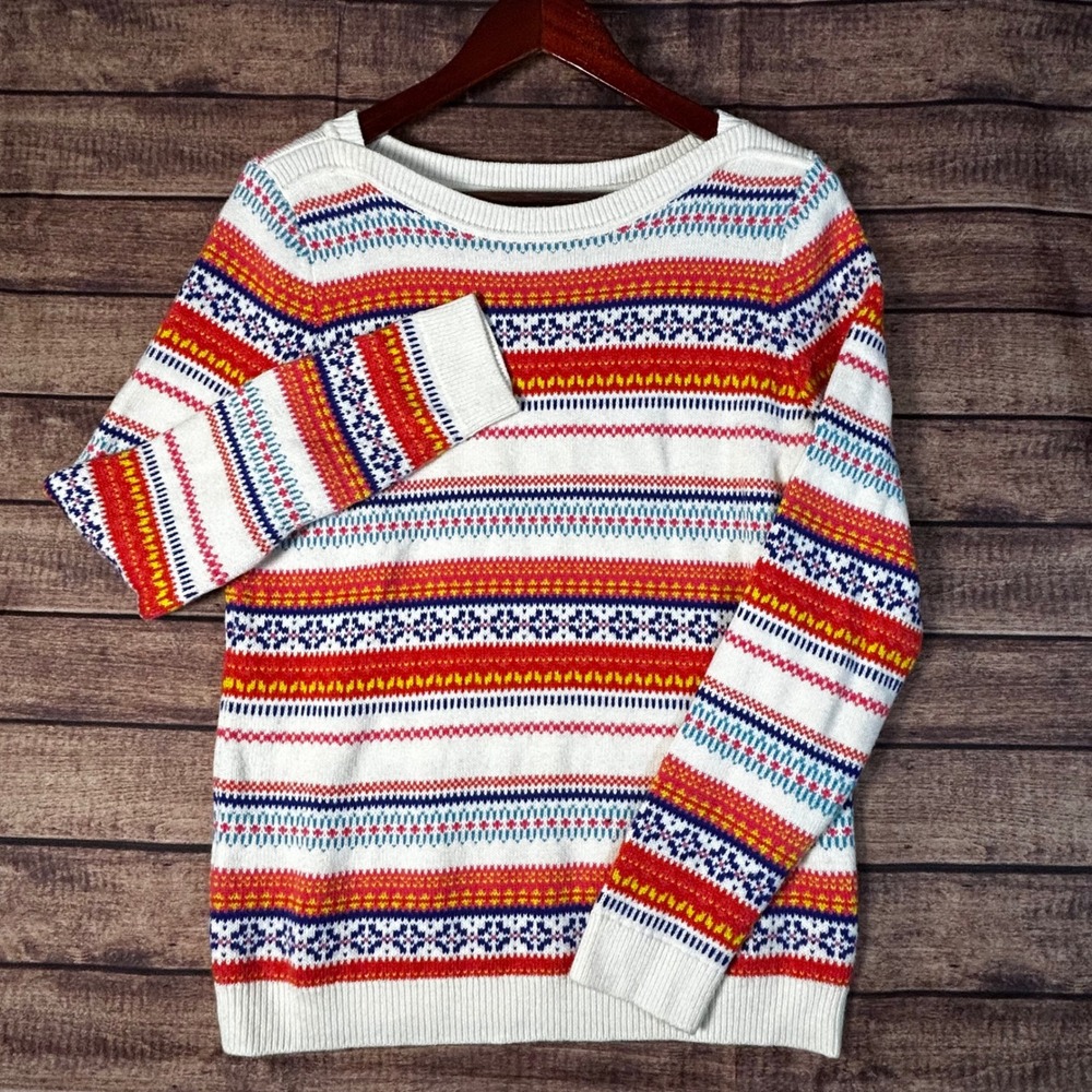 Talbots Womens White Multi Color Fair Isle Stripe Lambswool Blend Sweater Size M - Picture 2 of 8